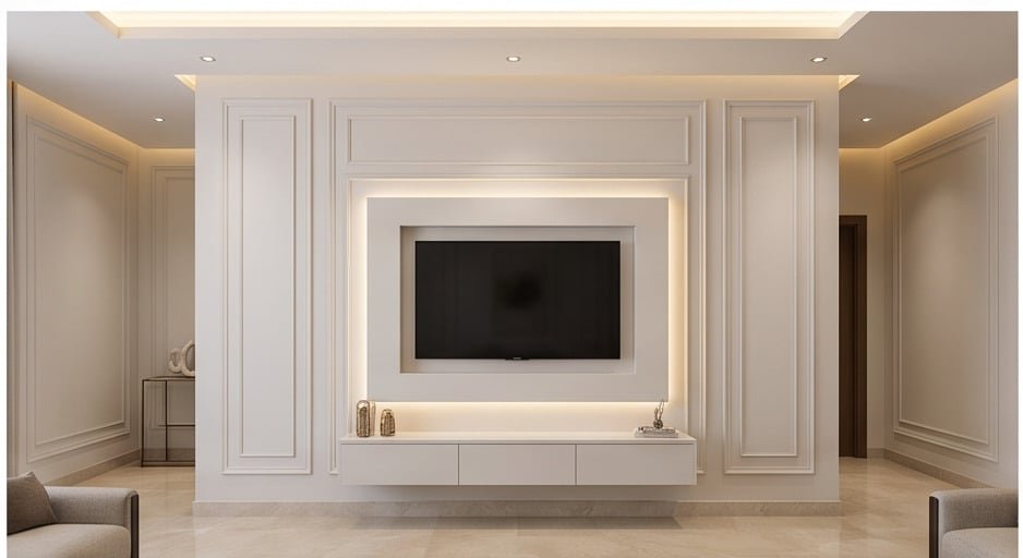 تجويف شاشة تلفزيون أبيض بإضاءة خلفية مع بانوهات كلاسيك مودرن. فني تركيب ديكورات شاشات في الرياض.