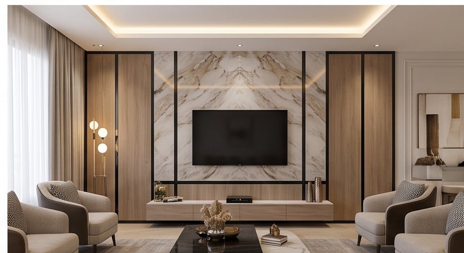 جدارية شاشة مودرن بتقسيمات هندسية مع خطوط إضاءة دافئة. فني تركيب ديكورات شاشات في الرياض.